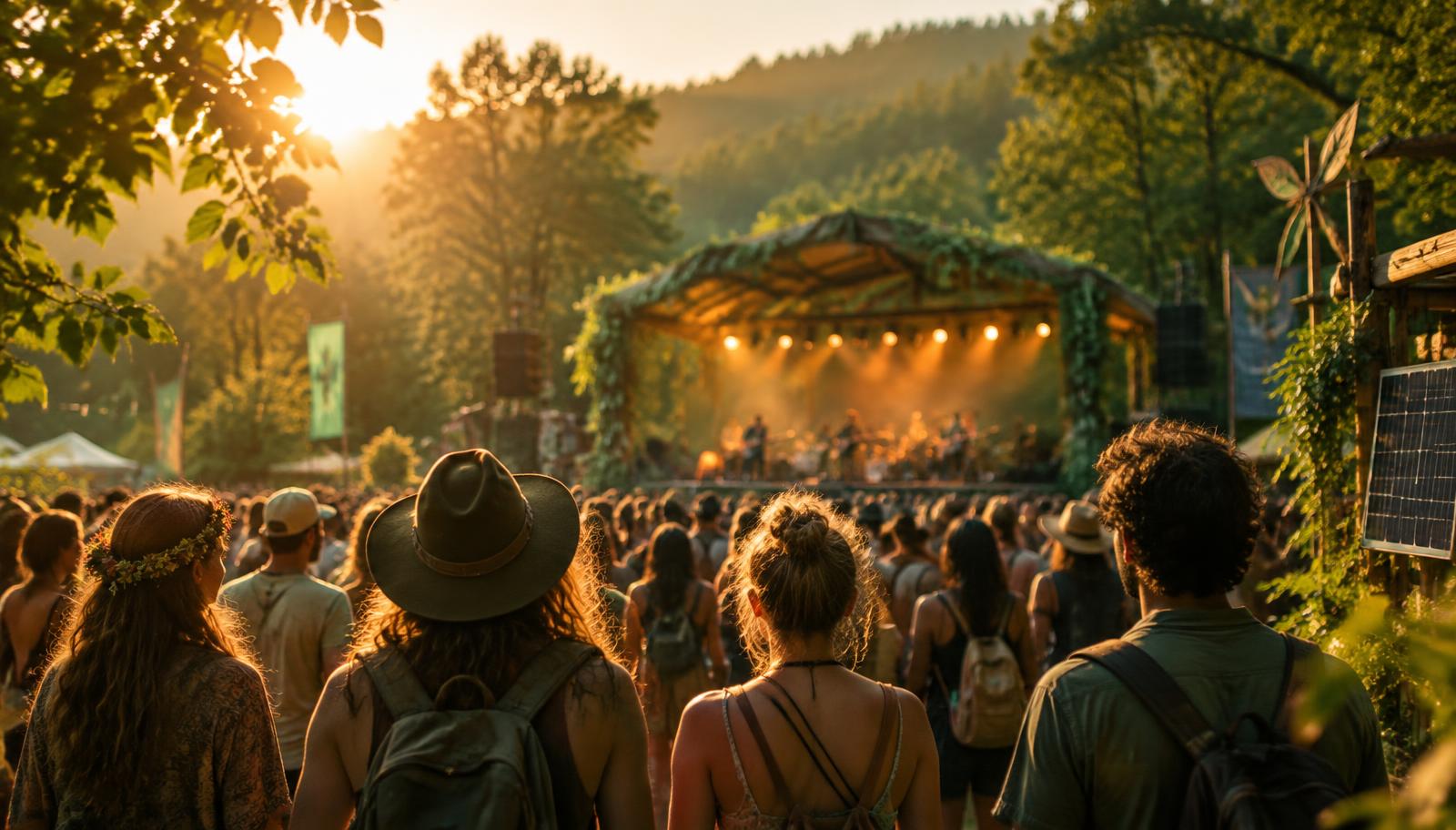 Crowd enjoying an outdoor eco-friendly music festival at sunset, surrounded by forest